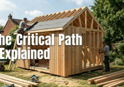 Two carpenters building a wooden backyard shed, used as a practical example to explain the Critical Path Method in project scheduling