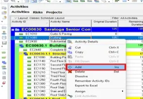 Primavera P6 Activities window showing right-click context menu with Add option highlighted for inserting a new activity
