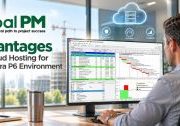Professional using Primavera P6, with a Global PM graphic showing 3 advantages of cloud hosting: secure, reliable, scalable.