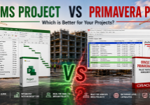 Side-by-side comparison of Microsoft Project and Oracle Primavera P6 software with a construction site in the background