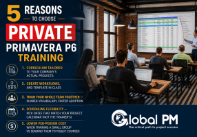 Infographic outlining 5 reasons to choose private Primavera P6 training: tailored curriculum, workflow creation, team alignment, flexible scheduling, and lower per-person costs
